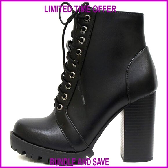 Shoes - Lace Up Ankle Boots with Stacked Heel and Side Zipper